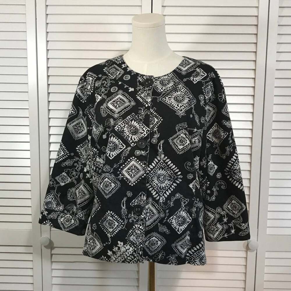 VTG Coldwater Creek XL Jacket Black White Geometric Tile Stamp